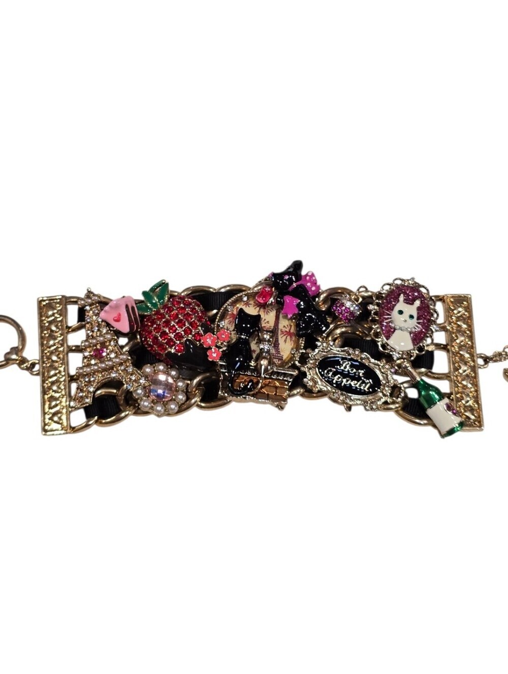 Betsey Johnson Rare Paris Is Always A Good Idea Cat Lovers Gold Charm Bracelet